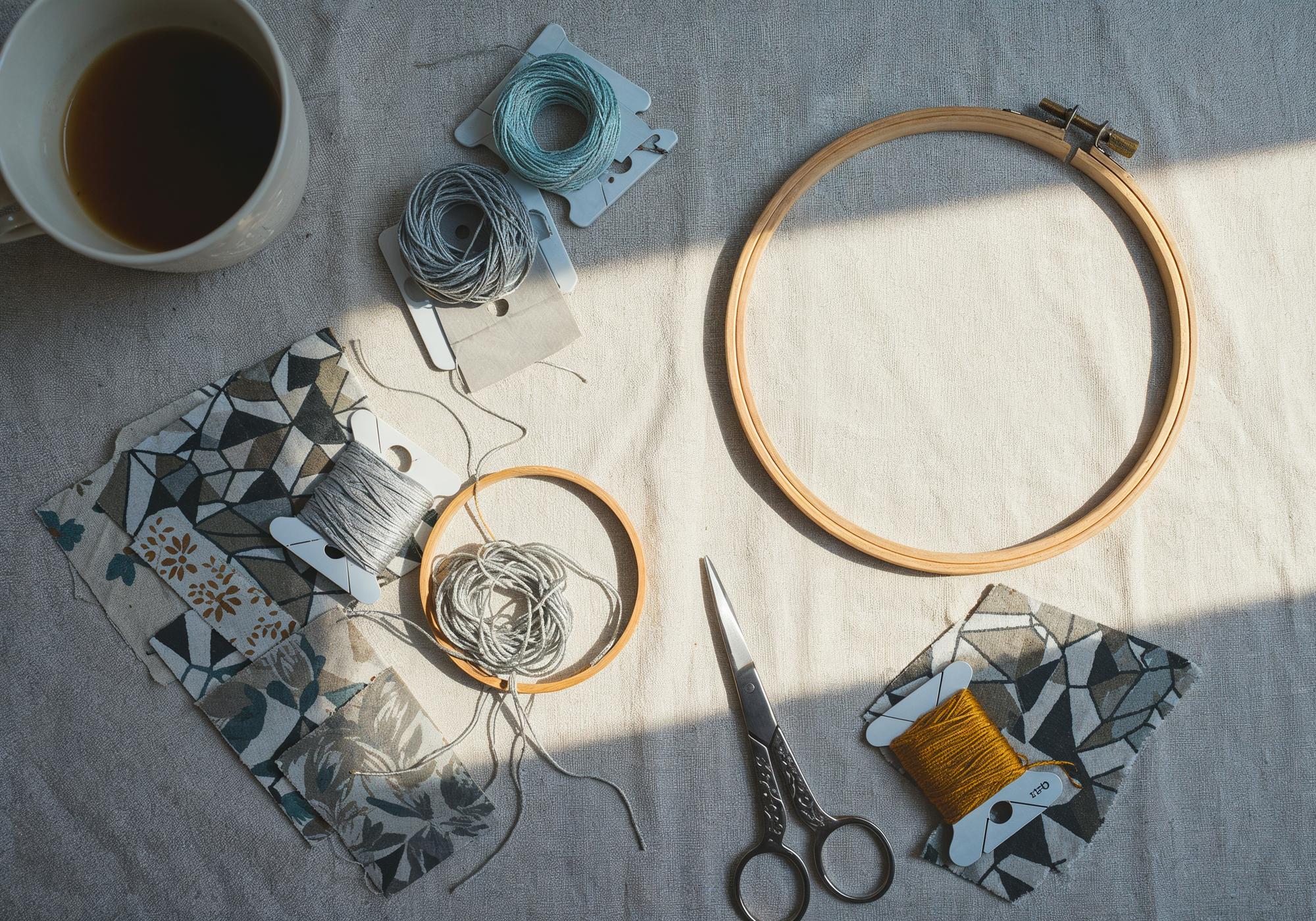 Atelierarbeit: Stickrahmen und Garne auf Holztisch